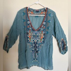 Johnny Was Embroidered Teal Tunic Women’s Size L